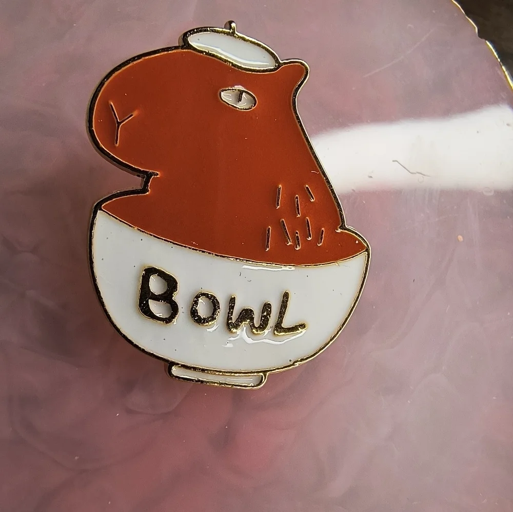 Cute Red and White Bowl Enamel Pin Capybara